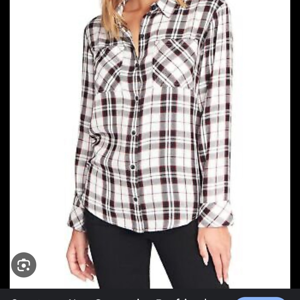 Sanctuary Black and Pink Plaid Checkered Button Down Textured Knit Top